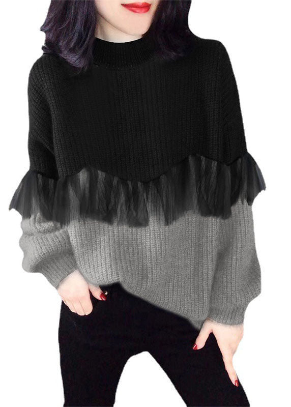 Style Black Purple fashion O-Neck Patchwork Fall Knitted sweaters