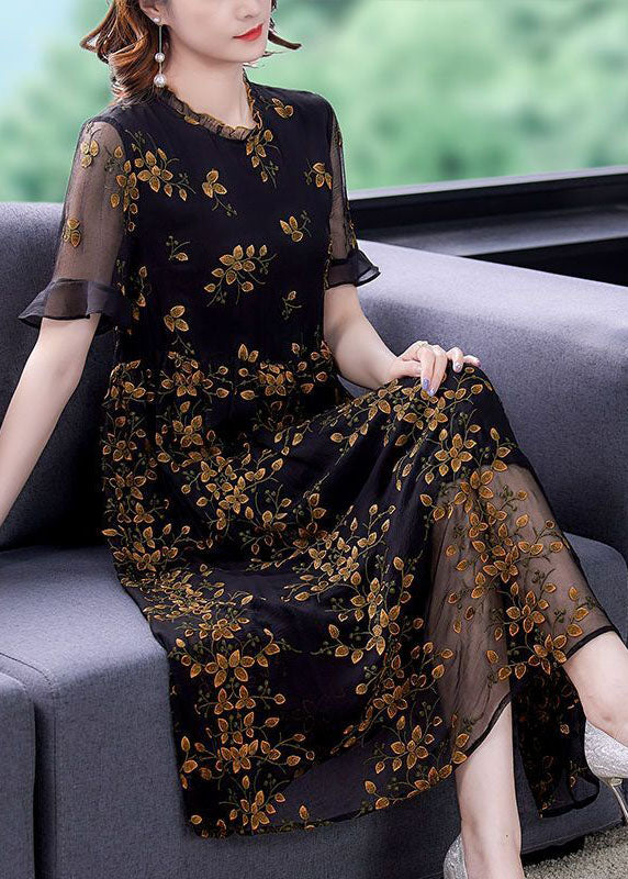 Style Black Ruffled Collar Embroidered Tulle Cinched Dress Summer