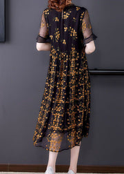 Style Black Ruffled Collar Embroidered Tulle Cinched Dress Summer