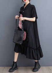 Style Black Ruffled Patchwork Cotton Shirt Dresses Summer