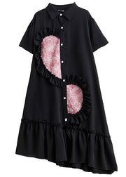 Style Black Ruffled Patchwork Cotton Shirt Dresses Summer