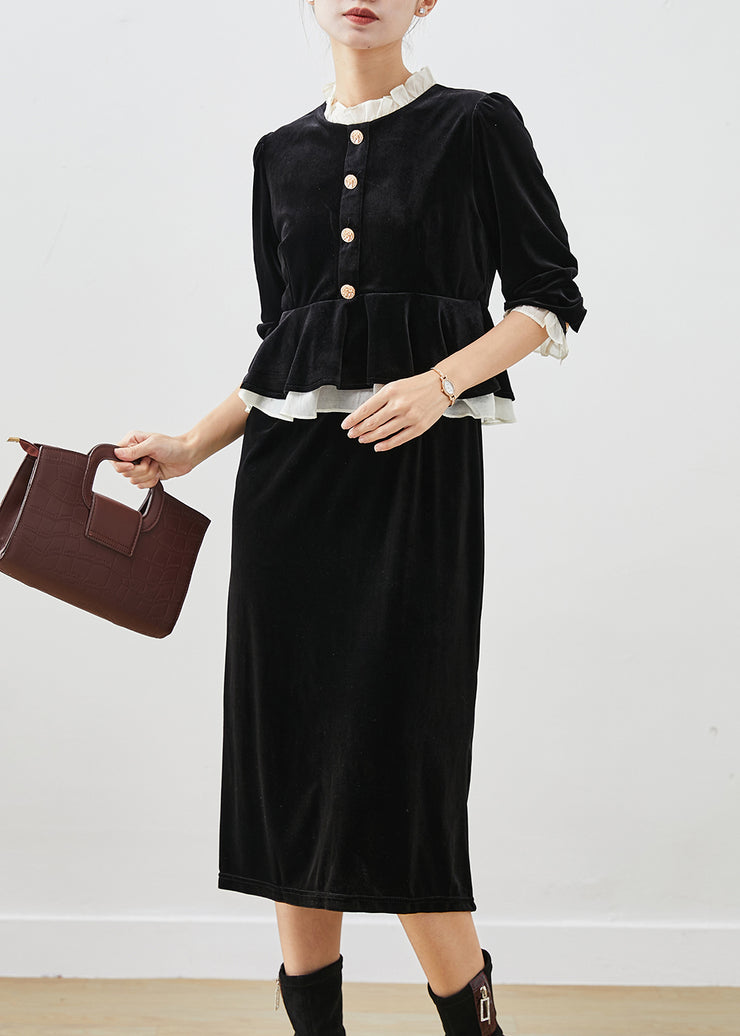 Style Black Ruffled Patchwork Silk Velour Dresses Fall
