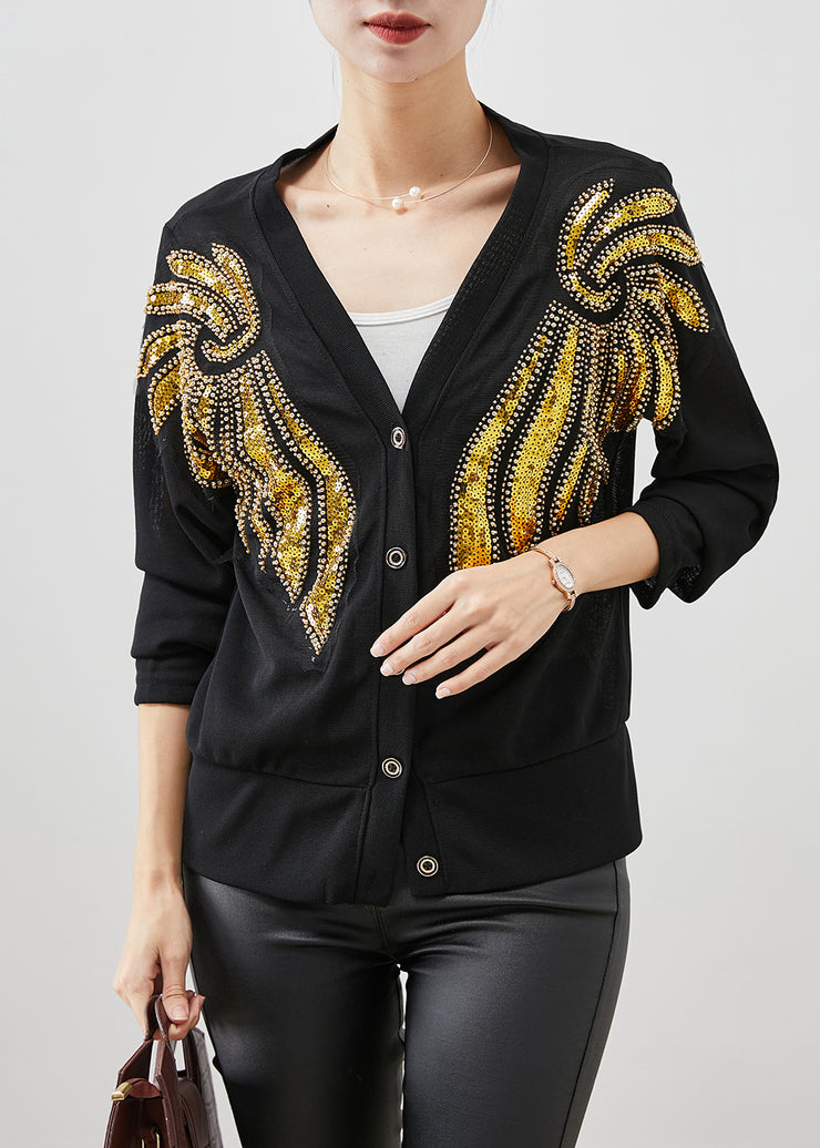 Style Black Sequins Button Down Cotton Cardigan Fall