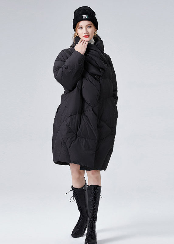 Style Black Stand Collar Oversized Pockets Duck Down Winter Coats