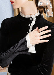Style Black Stand Collar Ruffled Patchwork Silk Velour Shirt Top Long Sleeve