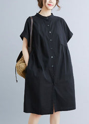 Style Black Stand Collar Wrinkled Cotton Shirt Dress Summer