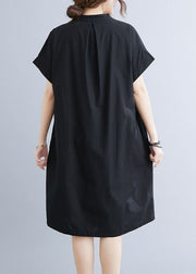 Style Black Stand Collar Wrinkled Cotton Shirt Dress Summer