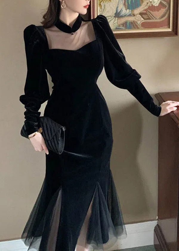 Style Black Stand Collar Wrinkled Patchwork Velour Dresses Puff Sleeve