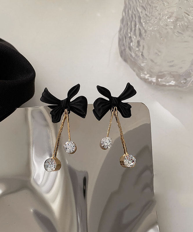 Style Black Sterling Silver Alloy Zircon Bow Tassel Drop Earrings