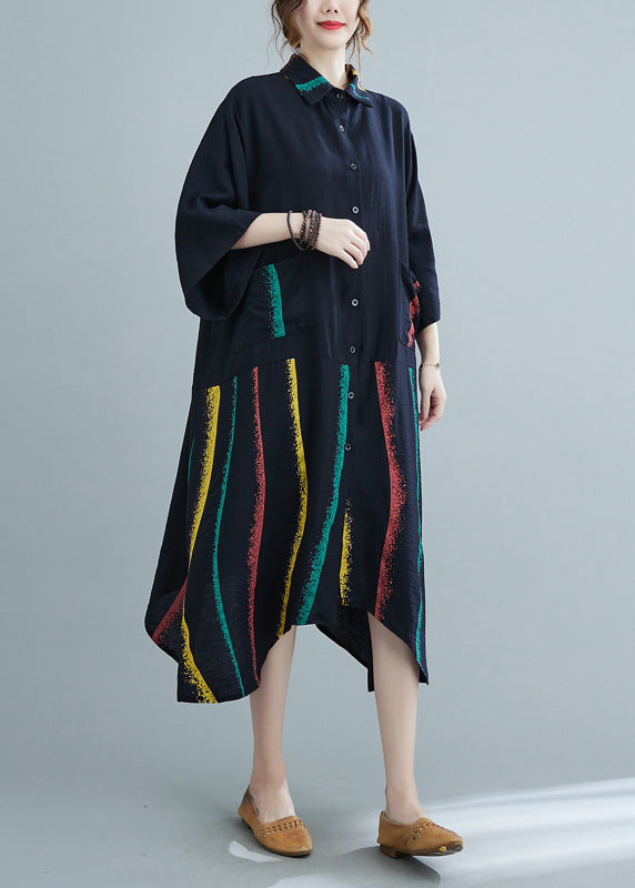 Style Black Striped Patchwork Maxi Shirts Dresses Summer
