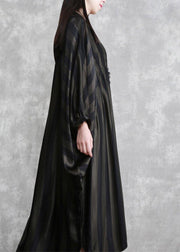 Style Black Striped Silk Maxi Dress Batwing Sleeve A Line Dresses - SooLinen