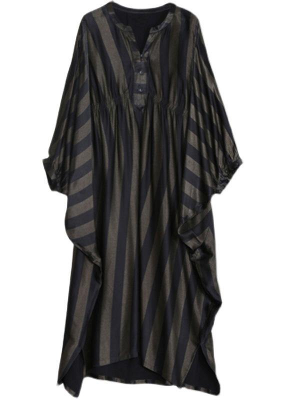 Style Black Striped Silk Maxi Dress Batwing Sleeve A Line Dresses - SooLinen