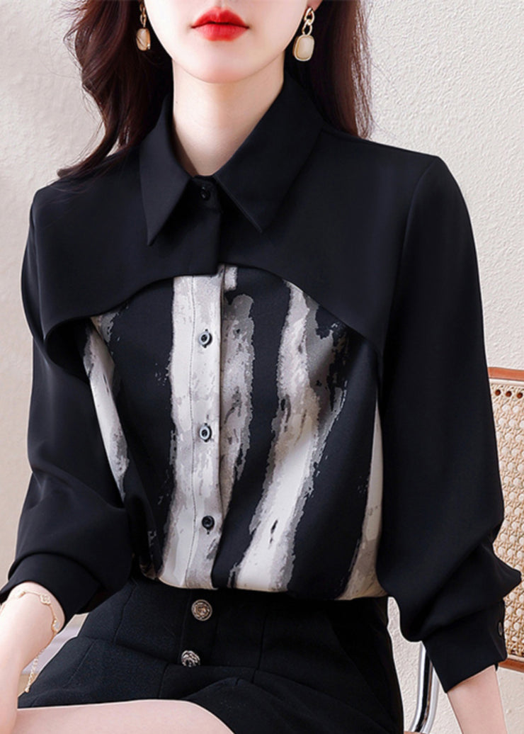 Style Black Tie Dye False Two Pieces Chiffon Shirts Spring