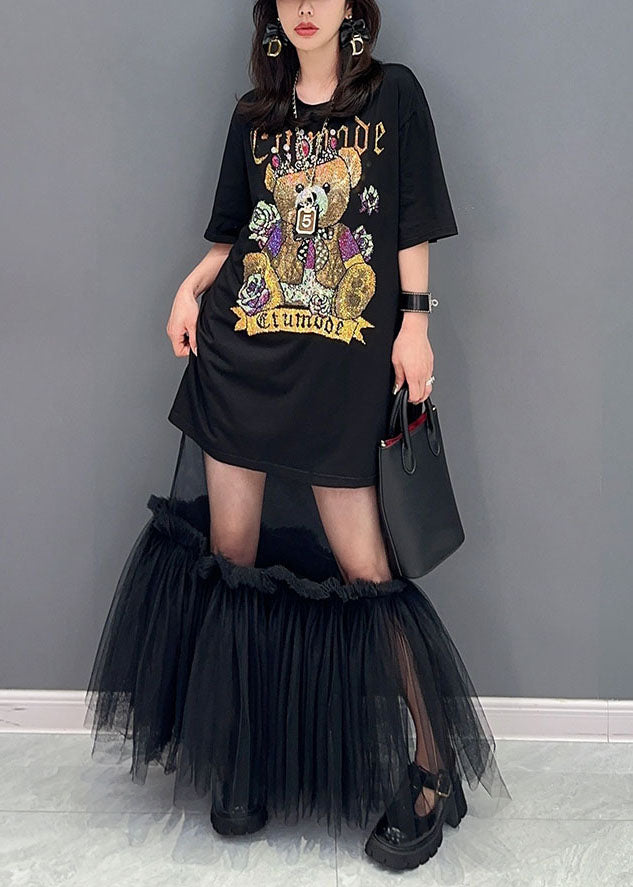 Style Black Tulle Ruffled Cartoon print Patchwork Cotton Dress Summer
