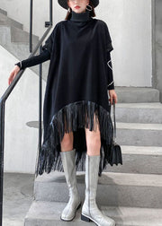 Style Black Turtle Neck Tasseled Low High Design Dresses Spring