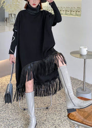 Style Black Turtle Neck Tasseled Low High Design Dresses Spring