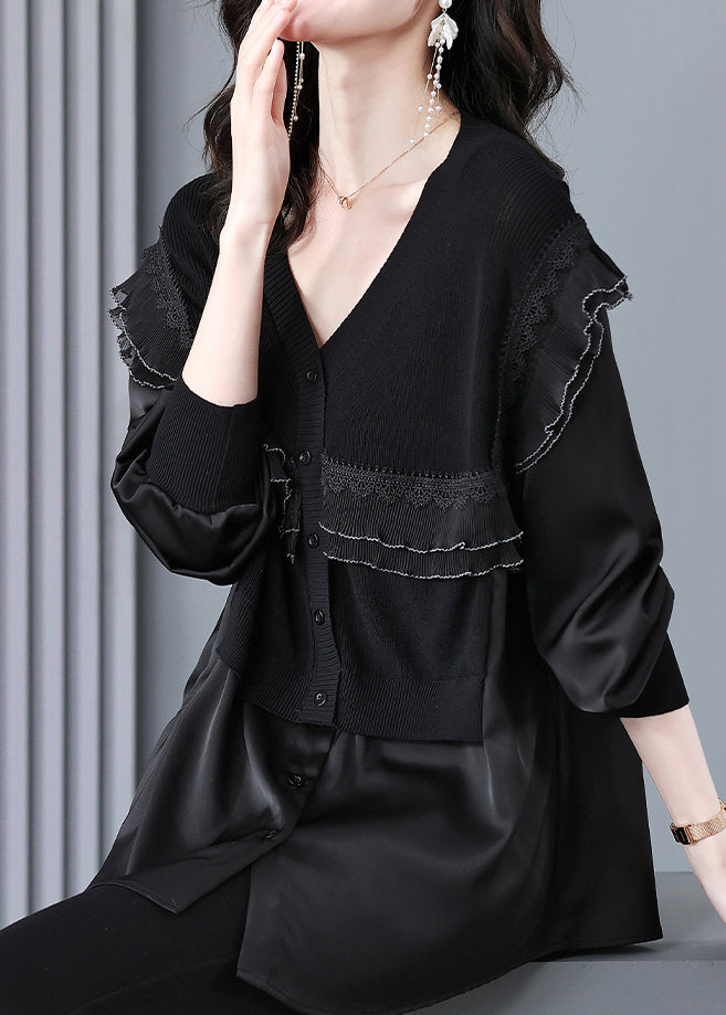 Style Black V Neck Knit Ruffled Patchwork Silk Blouse Top Fall