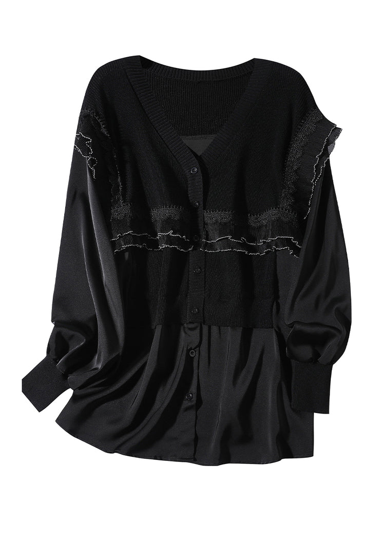 Style Black V Neck Knit Ruffled Patchwork Silk Blouse Top Fall