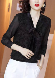 Style Black V Neck Lace Bow Patchwork Chiffon Shirt Tops Long Sleeve