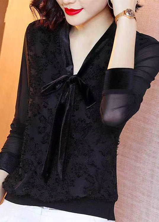 Style Black V Neck Lace Bow Patchwork Chiffon Shirt Tops Long Sleeve