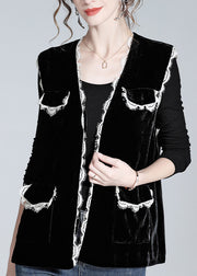 Style Black V Neck Lace Patchwork Silk Velour Waistcoat Spring
