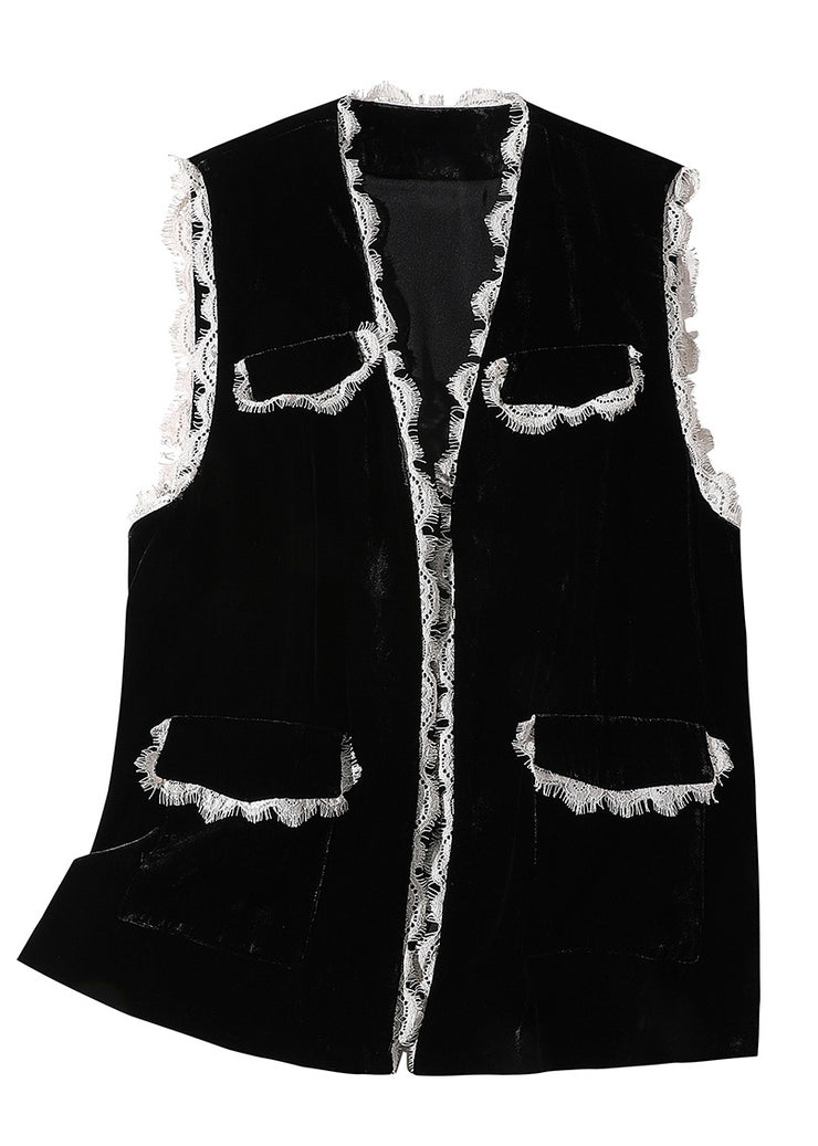 Style Black V Neck Lace Patchwork Silk Velour Waistcoat Spring