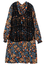 Style Black V Neck Print Chiffon Shirt Dress And Vest Two Piece Set Spring