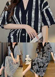 Style Black V Neck Print Patchwork Cotton Pajamas Dresses Summer