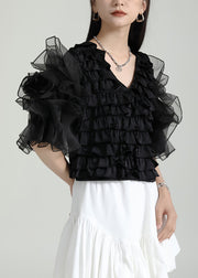 Style Black V Neck Ruffled Patchwork Tulle Blouses Puff Sleeve