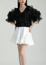 Style Black V Neck Ruffled Patchwork Tulle Blouses Puff Sleeve
