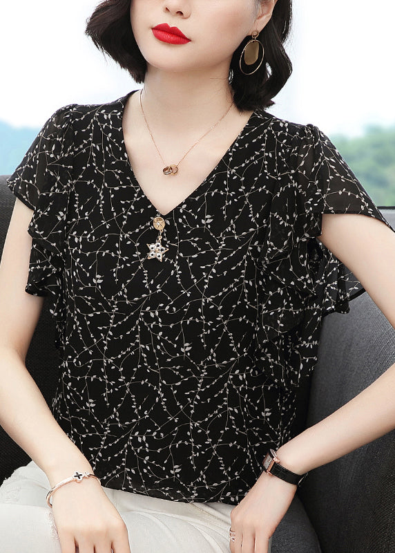 Style Black V Neck Sequined Print Chiffon Blouse Tops Butterfly Sleeve