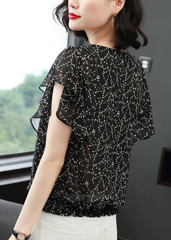 Style Black V Neck Sequined Print Chiffon Blouse Tops Butterfly Sleeve