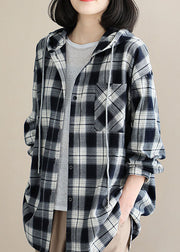 Style Black White Plaid hooded Button Fall Top Long sleeve