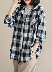 Style Black White Plaid Hooded Button Fall Top Langarm