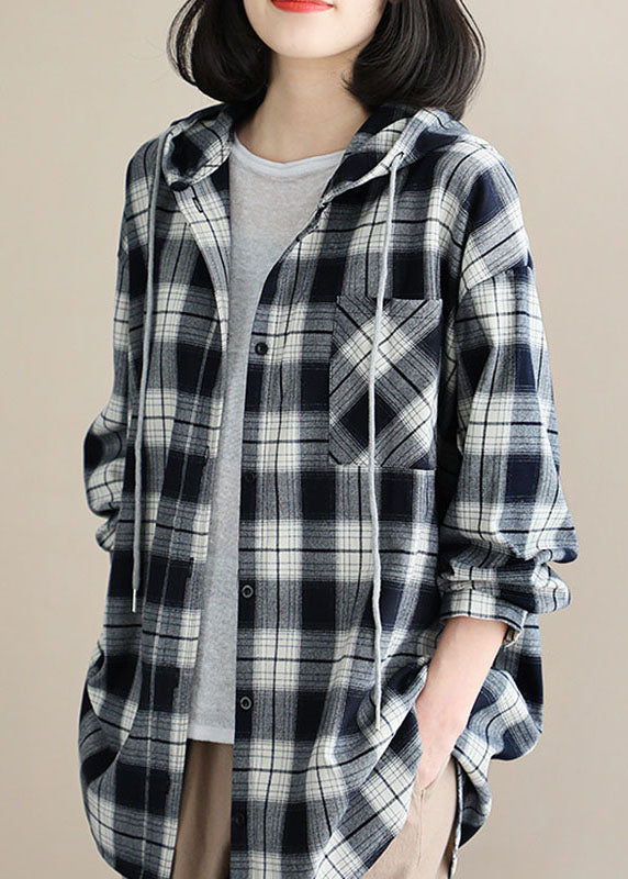 Style Black White Plaid hooded Button Fall Top Long sleeve