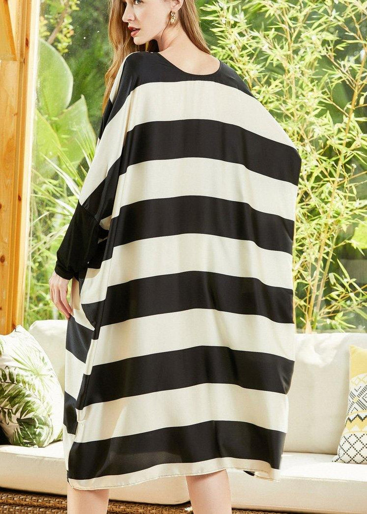 Style Black White Striped Chiffon Batwing Sleeve Spring Dress - SooLinen