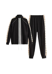 Style Black Zip Up Patchwork Cotton Sport Suit Two Pieces Set Spring