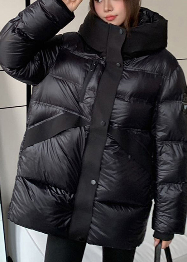 Style Black Zip Up Pockets Duck Down Hooded Coats Winter