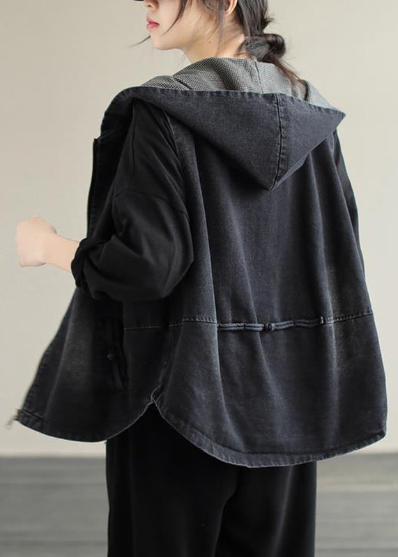 Style Black Zippered Patchwork Hoodie Denim Coat Fall