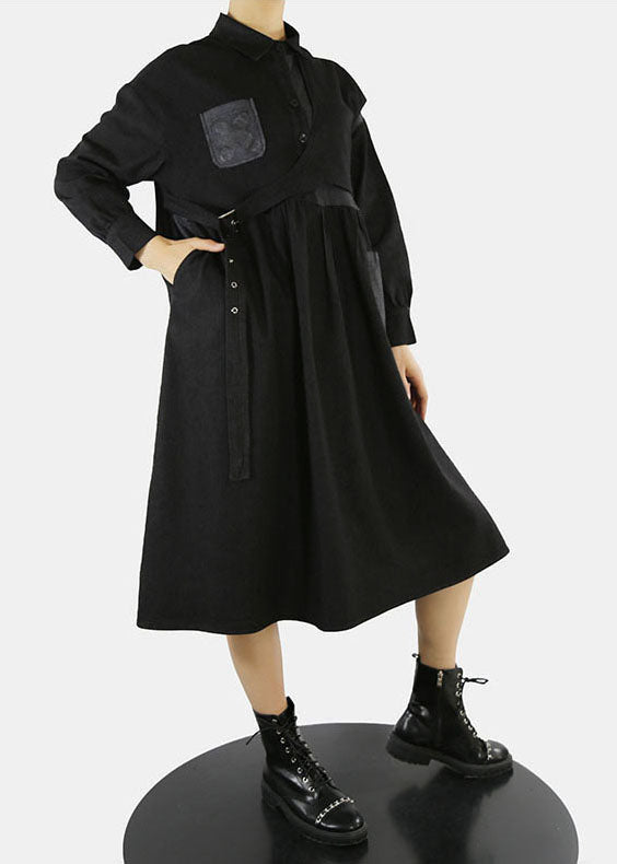 Style Schwarzes, asymmetrisches Design Jeanskleid mit Cinch-Peter-Pan-Kragen Frühling