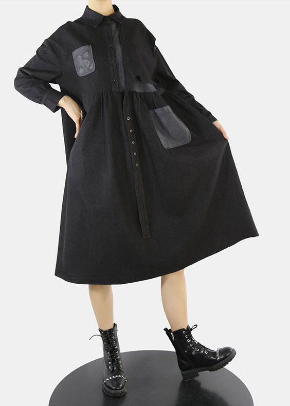 Style Schwarzes, asymmetrisches Design Jeanskleid mit Cinch-Peter-Pan-Kragen Frühling