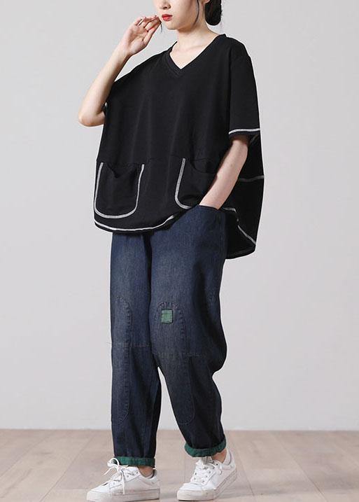 Style Black asymmetrical design Cotton Tee Short Sleeve - SooLinen