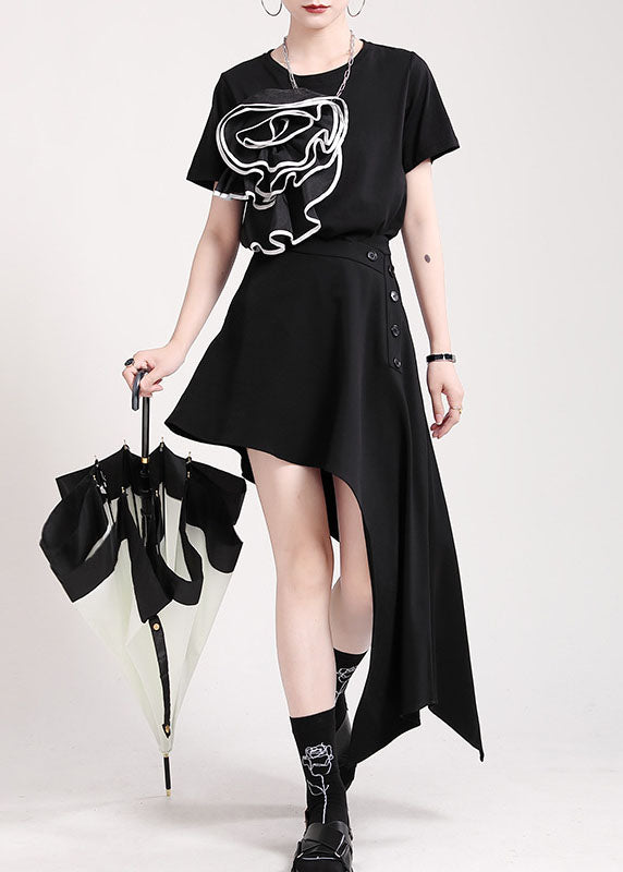 Style Black button Asymmetrical cotton Skirts Spring