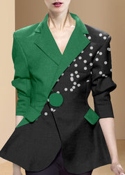 Stil Schwarzer grüner Knopf asymmetrisches Design Bubikragen Westlicher Kleidungsmantel Langarm