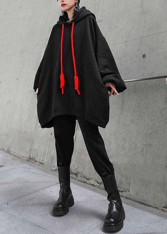 Style Black hooded Pockets Drawstring Fall Loose Sweatshirts Top - SooLinen