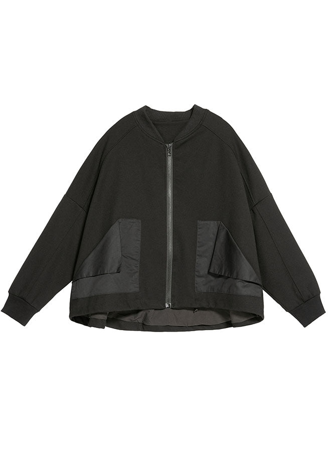 Style Schwarz Taschen mit Reißverschluss Patchwork Herbstmantel Langarm