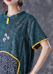 Style Blackish Green Embroidered Patchwork Cotton 2 Piece Outfit Summer