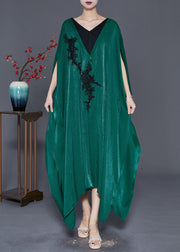 Style Blackish Green Embroidered Patchwork Silk Long Dresses Batwing Sleeve