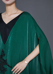 Style Blackish Green Embroidered Patchwork Silk Long Dresses Batwing Sleeve