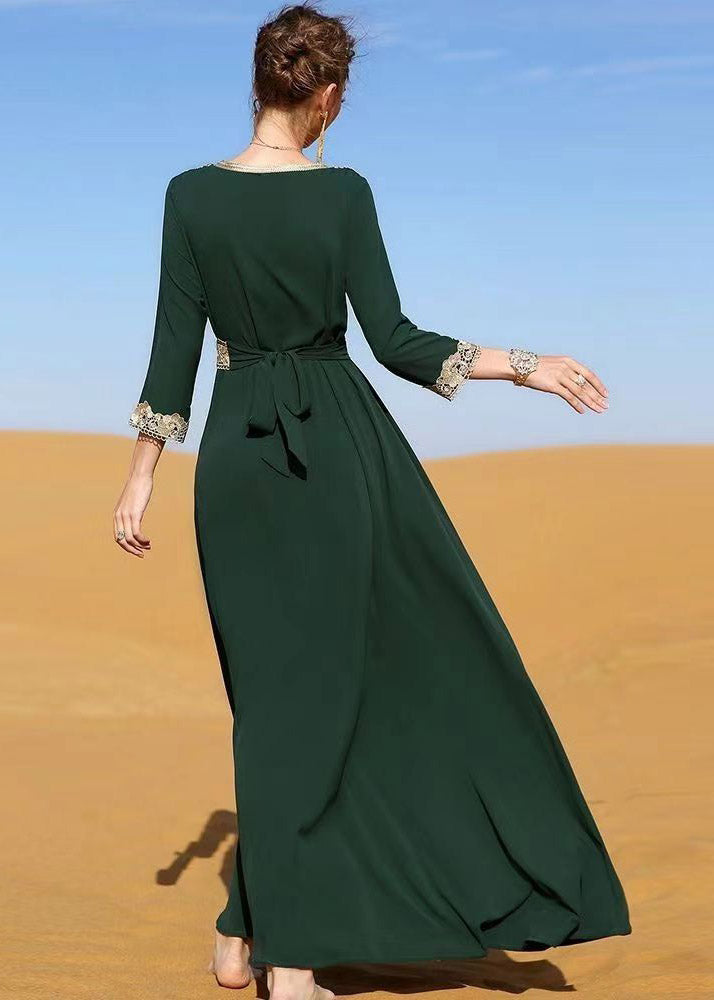 Style Blackish Green Patchwork High Waist Long Holiday Dress Fall